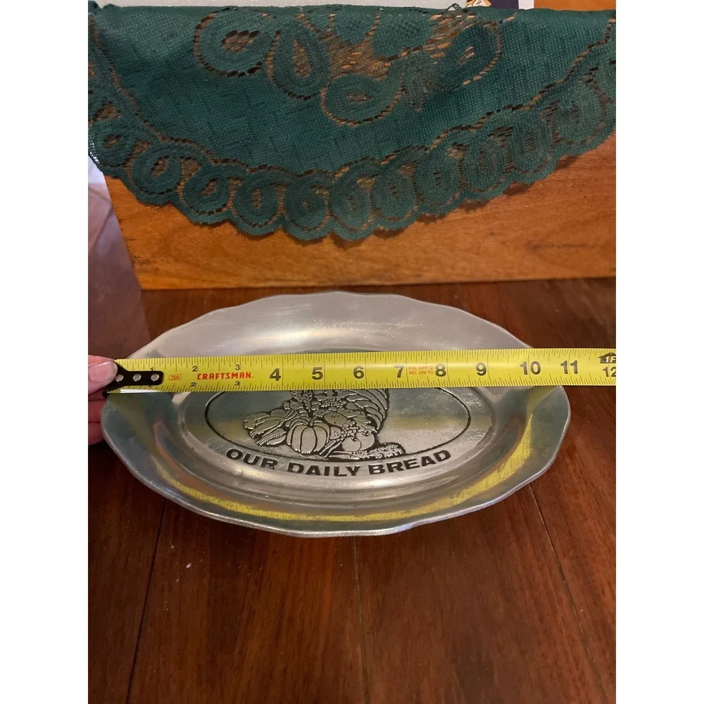 Vintage Give Us This Day Our Daily Bread Aluminum Tray Cornucopia Harvest Silver